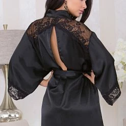 ICollection Black Satin Robe With Peek-A-Boo Back Last Chance