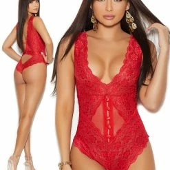 Elegant Moments Red Lace Deep Plunge Teddy