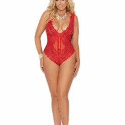 Elegant Moments Red Lace Deep Plunge Teddy